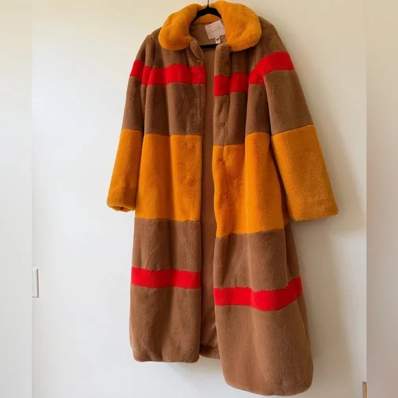 Hutch Long Faux Fur Coat 70s Retro Style Maximalist Colorblock Statement Coat - Picture 2 of 9